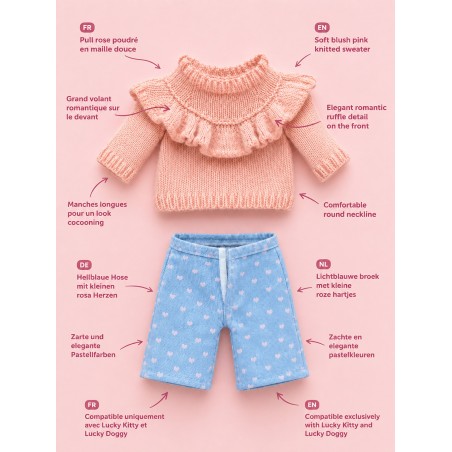 Lucky Kitty und Lucky Doggy Outfit LA01 mit rosa Pullover und blauer Hose mit Herzen.