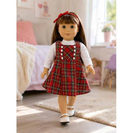 Ensemble écolière à carreaux avec robe salopette pour poupée 18 pouces - CL-0546