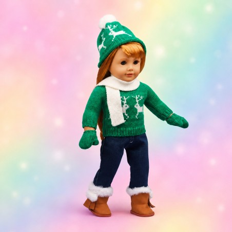 Grünes nordisches Winterset mit Pullover und Jeans für 45-cm-Puppen - CL-0149-2
