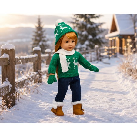Grünes nordisches Winterset mit Pullover und Jeans für 45-cm-Puppen - CL-0149-2