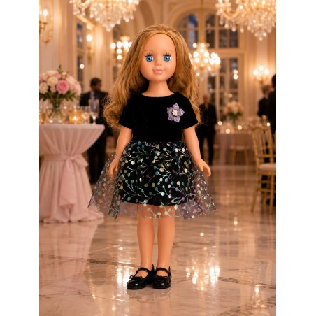 Blumennacht-Kleid aus schwarzem Samt und Tüll für 45-cm-Puppen - CL-0412