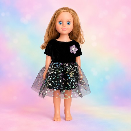 Blumennacht-Kleid aus schwarzem Samt und Tüll für 45-cm-Puppen - CL-0412