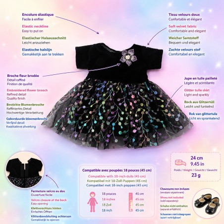 Blumennacht-Kleid aus schwarzem Samt und Tüll für 45-cm-Puppen - CL-0412