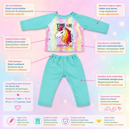 Regenboog Eenhoorn Pyjama voor Pop van 45 cm