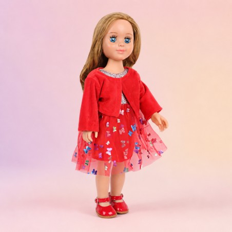 Glitzerndes Schmetterlingskleid Rot mit Samtbolero für 45 cm Puppe