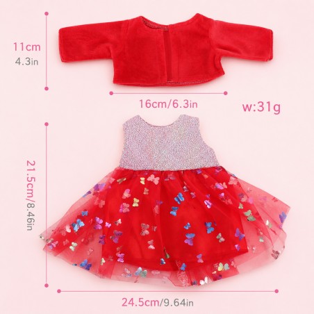 Glitzerndes Schmetterlingskleid Rot mit Samtbolero für 45 cm Puppe