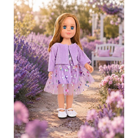 Glitzerndes Schmetterlingskleid Lavendel mit Samtbolero für 45 cm Puppe