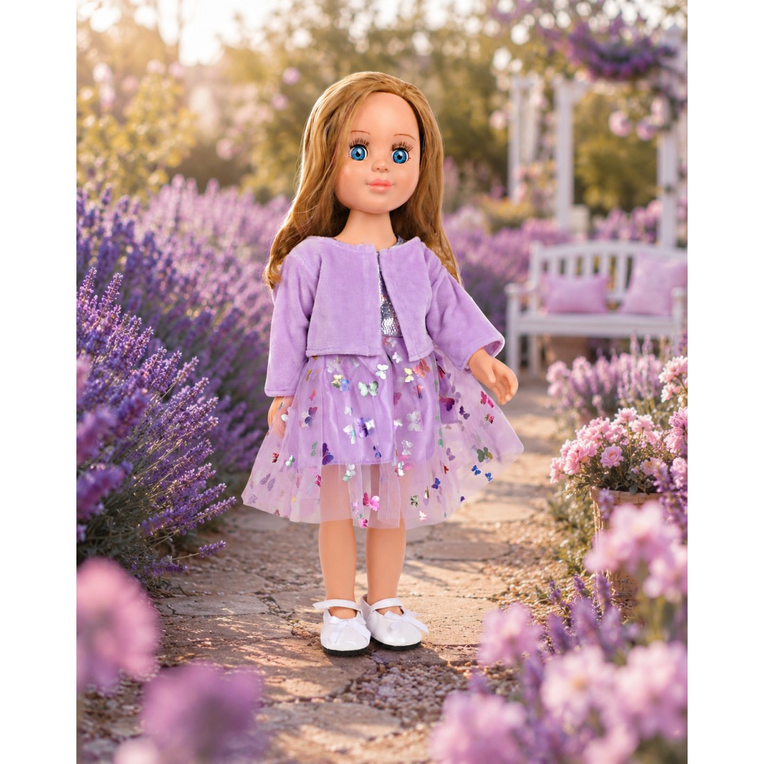 Robe Papillons Scintillants Lavande avec Boléro Velours pour poupée 18 pouces Robe Papillons Scintillants Lavande avec Boléro Velours pour poupée 18 pouces