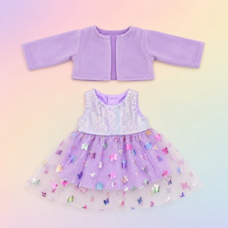 Glitzerndes Schmetterlingskleid Lavendel mit Samtbolero für 45 cm Puppe