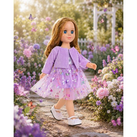 Glitzerndes Schmetterlingskleid Lavendel mit Samtbolero für 45 cm Puppe