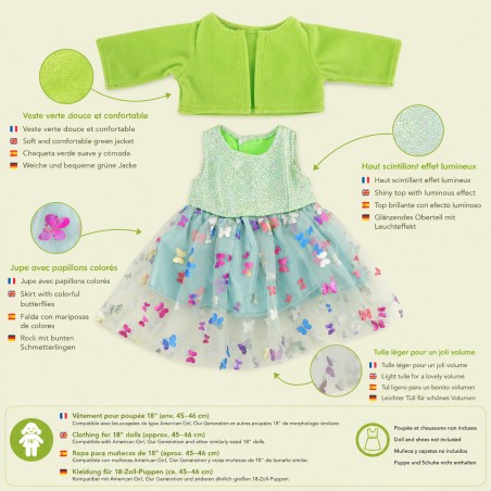 Robe Papillons Scintillants Émeraude avec Boléro Velours pour poupée 18 pouces