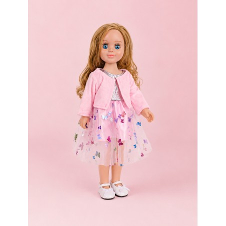 Glitzerndes Schmetterlingskleid Rosa mit Samtbolero für 45 cm Puppe