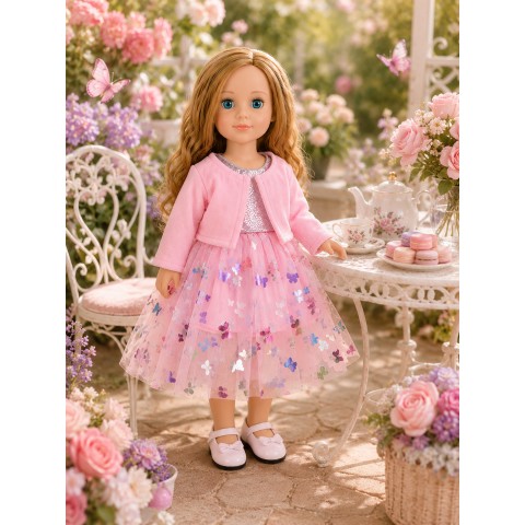 Glitzerndes Schmetterlingskleid Rosa mit Samtbolero für 45 cm Puppe