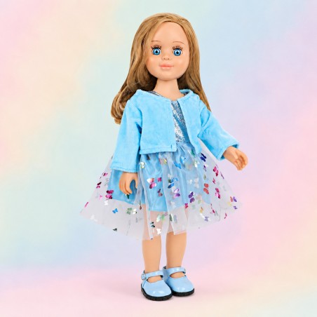 Glitzerndes Schmetterlingskleid Himmelblau mit Samtbolero für 45 cm Puppe